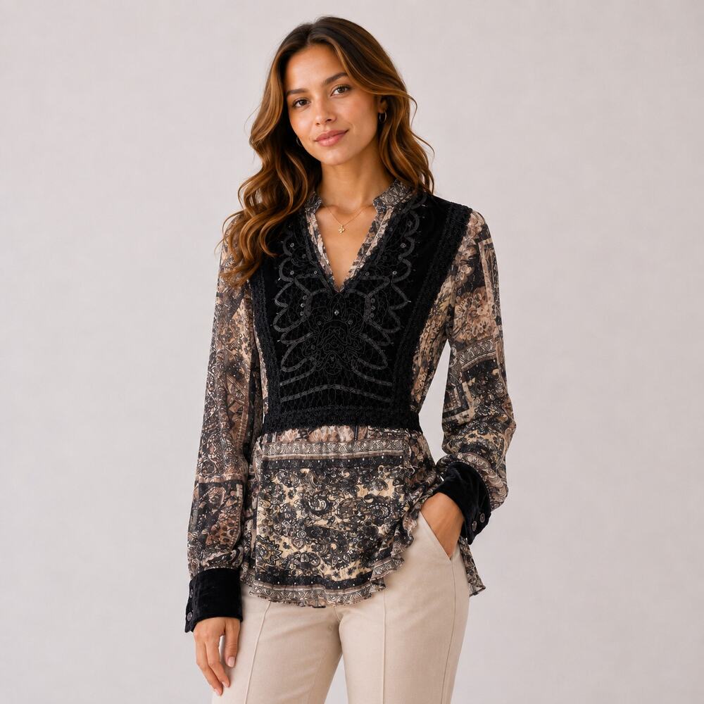 Lane Bryant Blouse Women's Size 14/16 Paisley Lace Black Velvet Beaded Chest